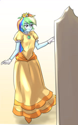Size: 1639x2640 | Tagged: safe, artist:invisibleone11, rainbow dash, human, equestria girls, g4, blushing, clothes, cosplay, costume, crown, dress, female, gloves, gown, jewelry, mirror, princess daisy, puffy sleeves, rainbow dash always dresses in style, regalia, solo, super mario bros., sweat, sweatdrop