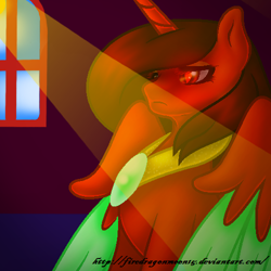 Size: 500x500 | Tagged: safe, artist:firedragonmoon15, oc, oc:phoenix scarletruby, alicorn, pony, brown mane, colored wings, jewelry, light rays, lowres, mint wings, necklace, red coat, red wings, serious, serious face, spread wings, two toned wings, window, wings