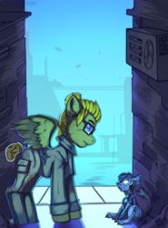 Size: 1550x2100 | Tagged: safe, artist:freak-side, oc, oc:donnik, pegasus, pony, robot, clothes, cyberpunk, glasses, solo