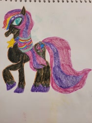 Size: 4032x3024 | Tagged: safe, artist:mintwhistle, derpibooru exclusive, nightmare moon, sunny starscout, earth pony, pony, g4, g5, armor, coat markings, colored pencil drawing, cosplay, costume, ethereal mane, ethereal tail, female, g5 to g4, generation leap, hairband, helmet, hilarious in hindsight, hoof shoes, looking at you, mane stripe sunny, mare, multicolored hair, nightmare moon armor, nightmare night costume, nightmare sunny, nightmarified, old art, peytral, raised hoof, sketchbook, smiling, smiling at you, socks (coat markings), solo, standing, starry eyes, starry mane, tail, traditional art, wingding eyes