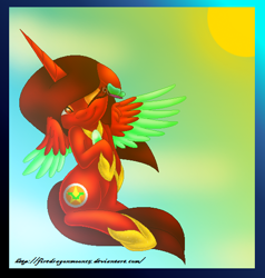 Size: 522x549 | Tagged: safe, artist:firedragonmoon15, oc, oc:phoenix scarletruby, alicorn, butterfly, pony, brown mane, brown tail, colored wings, gradient background, hoof shoes, jewelry, looking at something, lowres, mint wings, necklace, one eye closed, red coat, red wings, sitting, smiling, spread wings, sun, tail, two toned wings, wings