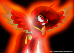 Size: 1024x742 | Tagged: safe, artist:firedragonmoon15, oc, oc:phoenix scarletruby, alicorn, pony, angry, black background, brown mane, brown tail, colored wings, cross-popping veins, emanata, glowing, jewelry, mint wings, necklace, rage, red coat, red wings, simple background, spread wings, tail, two toned wings, wings