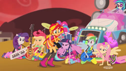 Size: 1920x1080 | Tagged: safe, screencap, applejack, dj pon-3, fluttershy, pinkie pie, rainbow dash, rarity, sunset shimmer, twilight sparkle, vinyl scratch, human, equestria girls, g4, my little pony equestria girls: rainbow rocks, bare shoulders, clothes, female, sleeveless, solo