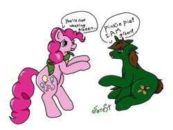 Size: 800x600 | Tagged: safe, artist:forestgump, pinkie pie, pony, unicorn, g4, bipedal, clothes, dialogue, green pony, holiday, pinkie being pinkie, saint patrick's day, scarf, simple background, sitting, speech bubble, text, white background