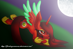 Size: 600x406 | Tagged: safe, artist:firedragonmoon15, oc, oc:phoenix scarletruby, alicorn, pony, brown mane, brown tail, colored wings, crossed hooves, jewelry, looking at the moon, lowres, lying, mint wings, moon, moongazing, necklace, red coat, red wings, smiling, spread wings, tail, two toned wings, wings