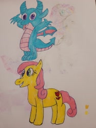Size: 4032x3024 | Tagged: safe, artist:mintwhistle, derpibooru exclusive, posey bloom, sparky sparkeroni, dragon, earth pony, pony, g4, g5, alternate design, colored pencil drawing, duo, duo male and female, fangs, female, g5 to g4, generation leap, grin, male, mare, mini world magic, old art, older, older sparky sparkeroni, outstretched arms, sketchbook, smiling, tongue out, toy interpretation, traditional art