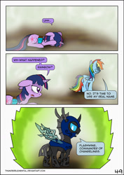Size: 1024x1444 | Tagged: safe, artist:thunderelemental, rainbow dash, twilight sparkle, changeling, pony, comic:swarm rising, g4, butt, comic, disguise, disguised changeling, plot, speech bubble