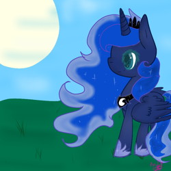 Size: 768x768 | Tagged: safe, artist:magicangelstarartist, princess luna, alicorn, pony, g4, female, grass, grass field, mare, side view, simple background, smiling, solo