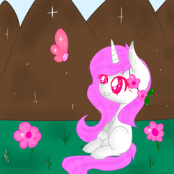 Size: 768x768 | Tagged: safe, artist:magicangelstarartist, oc, oc only, butterfly, pony, unicorn, female, grass, mare, mountain, mountain range, side view, simple background, sitting, smiling, solo