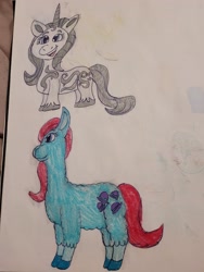 Size: 4032x3024 | Tagged: safe, artist:mintwhistle, derpibooru exclusive, cha cha, princess silver swirl, llama, pony, unicorn, g1, g2, g5, colored pencil drawing, duo, duo female, female, fluffy, g1 to g5, g2 to g5, generation leap, mare, not jazz hooves, old art, open mouth, open smile, silver hooves, sketchbook, smiling, standing, traditional art, unshorn fetlocks