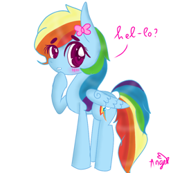 Size: 768x768 | Tagged: safe, artist:magicangelstarartist, rainbow dash, pegasus, pony, g4, blushing, bow, female, mare, side view, simple background, solo, text