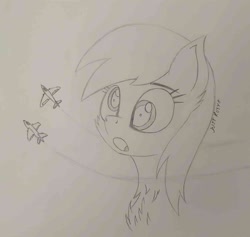 Size: 1187x1125 | Tagged: safe, artist:just rusya, derpy hooves, pegasus, pony, g4, bust, chest fluff, grayscale, jet, jet fighter, macro, monochrome, open mouth, pencil drawing, plane, portrait, solo, traditional art
