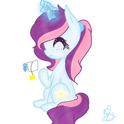 Size: 768x768 | Tagged: safe, artist:magicangelstarartist, oc, oc only, pony, unicorn, cup, female, food, glowing, glowing horn, horn, levitation, magic, mare, multicolored hair, simple background, solo, tea, teacup, telekinesis