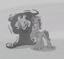 Size: 1837x1677 | Tagged: safe, artist:astr0zone, fhtng th§ ¿nsp§kbl, oleander (tfh), classical unicorn, demon, pony, unicorn, them's fightin' herds, cloven hooves, community related, duo, female, fetish, gray background, grayscale, horn, impossibly long neck, leonine tail, lidded eyes, monochrome, simple background, unshorn fetlocks