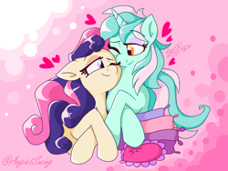 Size: 1600x1200 | Tagged: safe, artist:angietswing, bon bon, lyra heartstrings, sweetie drops, earth pony, pony, unicorn, g4, adorabon, canon ship, cute, duo, female, floppy ears, heart, lesbian, looking at each other, looking at someone, lyrabetes, mare, one eye closed, pillow, romantic, ship:lyrabon, shipping, signature, smiling, smiling at each other