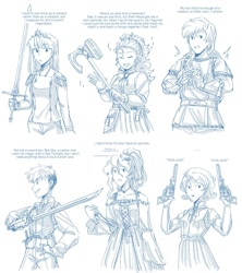 Size: 1067x1200 | Tagged: safe, artist:evelili, applejack, fluttershy, pinkie pie, rainbow dash, rarity, twilight sparkle, human, g4, clothes, gun, humanized, knife, mane six, monochrome, smiling, sword, text, weapon