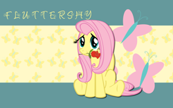 Size: 2560x1600 | Tagged: safe, artist:alicehumansacrifice0, artist:lvgcombine, artist:ooklah, edit, fluttershy, pegasus, pony, g4, cute, cutie mark, cutie mark background, female, flower, mare, name, rose, shyabetes, sitting, smiling, solo, wallpaper, wallpaper edit