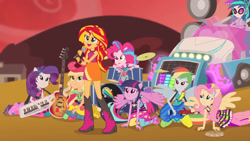 Size: 1920x1080 | Tagged: safe, screencap, applejack, fluttershy, pinkie pie, rainbow dash, rarity, sunset shimmer, twilight sparkle, human, equestria girls, g4, my little pony equestria girls: rainbow rocks, bare shoulders, clothes, female, sleeveless, solo
