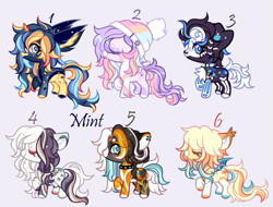 Size: 735x558 | Tagged: safe, artist:mint-light, oc, oc only, bat pony, earth pony, pegasus, pony, unicorn, adoptable, bat pony oc, chibi, collar, ear piercing, earring, earth pony oc, female, hat, horn, jewelry, looking at you, male, multicolored coat, multicolored hair, multicolored mane, numbers, palette, pegasus oc, piercing, signature, simple background, unicorn oc