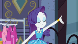 Size: 1920x1080 | Tagged: safe, screencap, rarity, human, equestria girls, g4, my little pony equestria girls: better together, street chic, armpits, belt, bracelet, clothes, clothes rack, cutie mark on clothes, dress, eyes closed, eyeshadow, female, frilly design, geode of shielding, gold, hairpin, jewelry, magical geodes, makeup, pendant, rarity peplum dress, sleeveless, solo, tank top