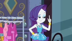 Size: 1920x1080 | Tagged: safe, screencap, rarity, human, equestria girls, g4, my little pony equestria girls: better together, street chic, belt, bracelet, clothes, clothes rack, cute, cutie mark on clothes, eyebrows, eyeshadow, female, finger up, frilly design, geode of shielding, gold, hairpin, hand on hip, jewelry, lidded eyes, magical geodes, makeup, pencil skirt, pendant, raised eyebrow, rarity peplum dress, skirt, sleeveless, solo, tank top