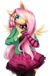 Size: 707x1080 | Tagged: safe, artist:medich, fluttershy, anthro, dtiys emoflat, g4, clothes, draw this in your style, female, hair over one eye, heart, simple background, skirt, solo, white background