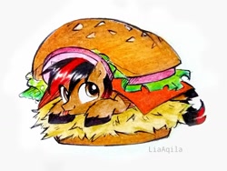 Size: 1032x774 | Tagged: safe, artist:liaaqila, oc, oc only, oc:twinny, earth pony, pony, burger, food, hay burger, male, simple background, solo, stallion, tiny, tiny ponies, traditional art, white background