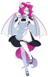 Size: 679x1080 | Tagged: safe, artist:medich, oc, oc only, bat pony, anthro, bat pony oc, clothes, female, heart, looking at you, maid, one eye closed, simple background, skirt, solo, white background