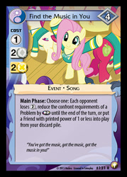 Size: 344x480 | Tagged: safe, enterplay, big macintosh, fluttershy, rarity, torch song, earth pony, pegasus, pony, equestrian odysseys, filli vanilli, g4, my little pony collectible card game, ccg, female, male, mare, merchandise, ponytones outfit, singing, stage, stallion