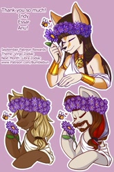 Size: 669x1014 | Tagged: safe, artist:inkkeystudios, oc, oc only, bee, bumblebee, earth pony, pony, anthro, anthro with ponies, clothes, eyes closed, facial hair, floral head wreath, flower, furry, goatee, smiling, toga