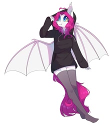 Size: 951x1080 | Tagged: safe, artist:medich, oc, oc only, bat pony, anthro, bat pony oc, clothes, fangs, looking up, simple background, socks, solo, thigh highs, white background, winged anthro, wings