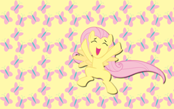Size: 2560x1600 | Tagged: safe, artist:alicehumansacrifice0, artist:mihaaaa, artist:ooklah, edit, fluttershy, pegasus, pony, g4, cutie mark, cutie mark background, eyes closed, female, happy, jumping, mare, open mouth, open smile, smiling, solo, spread wings, wallpaper, wallpaper edit, wings
