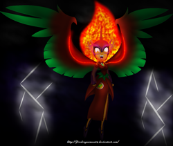 Size: 973x820 | Tagged: safe, artist:firedragonmoon15, oc, oc:nightmare phoenix, alicorn, equestria girls, g4, clothes, colored wings, dress, fangs, fire hair, green wings, helmet, horn, jewelry, lightning, looking at you, necklace, red wings, solo, tail, two toned wings, wings
