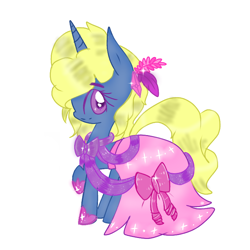 Size: 768x768 | Tagged: safe, artist:magicangelstarartist, oc, oc:azure/sapphire, pony, unicorn, clothes, crossdressing, dress, femboy, gala dress, looking at you, male, side view, simple background, slippers, solo, stallion
