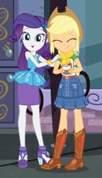 Size: 555x961 | Tagged: safe, screencap, applejack, rarity, human, equestria girls, g4, my little pony equestria girls: better together, street chic, bare shoulders, cropped, duo, female, rarity peplum dress, shipping fuel, sleeveless