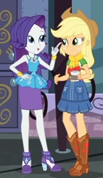 Size: 545x941 | Tagged: safe, screencap, applejack, rarity, human, equestria girls, g4, my little pony equestria girls: better together, street chic, bare shoulders, cropped, duo, female, rarity peplum dress, shipping fuel, sleeveless
