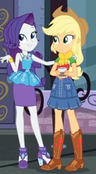 Size: 519x941 | Tagged: safe, screencap, applejack, rarity, human, equestria girls, g4, my little pony equestria girls: better together, street chic, bare shoulders, cropped, duo, female, rarity peplum dress, shipping fuel, sleeveless