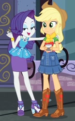 Size: 573x925 | Tagged: safe, screencap, applejack, rarity, human, equestria girls, g4, my little pony equestria girls: better together, street chic, bare shoulders, cropped, duo, female, rarity peplum dress, shipping fuel, sleeveless