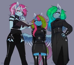 Size: 1280x1119 | Tagged: safe, artist:medich, oc, oc:hosi smile, oc:media smile, oc:zira smile, pegasus, unicorn, anthro, anthro oc, black clothes, book, clothes, female, gray background, horn, imminent sex, leather, looking at you, looking down, looking down at you, pegasus oc, simple background, trio, trio female, unicorn oc