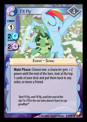 Size: 344x480 | Tagged: safe, enterplay, rainbow dash, tank, pegasus, pony, tortoise, equestrian odysseys, g4, my little pony collectible card game, tanks for the memories, ccg, eyes closed, female, flying, i'll fly, mare, merchandise