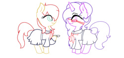 Size: 1024x484 | Tagged: safe, artist:magicangelstarartist, oc, oc only, earth pony, pony, unicorn, clothes, collaboration, duo, female, glasses, lineart, looking at each other, looking at someone, mare, sailor uniform, uniform