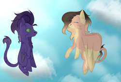 Size: 5400x3675 | Tagged: safe, artist:thecommandermiky, oc, oc only, oc:miky command, oc:reagan, hybrid, pegasus, pony, cloud, cloudy, couple, duo, duo female, eyes closed, female, flying, green eye, hybrid oc, lesbian, long tail, looking at each other, looking at someone, mare, on a cloud, paws, pegasus oc, shipping, sitting, sitting on a cloud, sky, smiling, smiling at each other, spots, spread wings, tail, wings