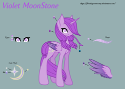 Size: 1520x1088 | Tagged: safe, artist:firedragonmoon15, oc, oc only, oc:violet moonstone, alicorn, pony, colored wings, cutie mark, folded wings, gray background, horn, pink coat, pink eyes, pink mane, pink tail, reference sheet, simple background, smiling, solo, standing, tail, two toned wings, wings