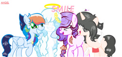 Size: 1024x484 | Tagged: safe, artist:magicangelstarartist, artist:niightlydark, oc, oc only, earth pony, pegasus, pony, unicorn, base used, halo, look-alike, not rainbow dash, smiling, text