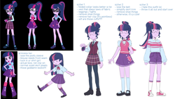 Size: 1280x720 | Tagged: safe, artist:evelili, part of a set, screencap, sci-twi, twilight sparkle, human, equestria girls, g4, bowtie, clothes, clothing redesign, glasses, pantyhose, redesign, reference sheet, shoes, shorts, sneakers, socks, sweater, text, vest