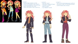 Size: 1280x720 | Tagged: safe, artist:evelili, part of a set, screencap, sunset shimmer, human, equestria girls, g4, boots, clothes, clothing redesign, jacket, leather, leather boots, pants, redesign, reference sheet, shoes, text