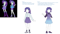 Size: 1280x720 | Tagged: safe, artist:evelili, part of a set, screencap, rarity, human, equestria girls, g4, clothes, clothing redesign, purple dress, redesign, reference sheet, shoes, skirt, sneakers, sweater, text, white shirt