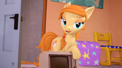 Size: 3840x2160 | Tagged: safe, artist:silkworm205, oc, oc only, oc:cream heart, earth pony, pony, 3d, bedroom eyes, colored eyebrows, download at source, downloadable, earth pony oc, female, high res, leaning, looking at camera, mare, monitor, open mouth, open smile, raised hoof, revamped anthros, scene interpretation, smiling, source filmmaker, source filmmaker resource