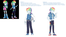 Size: 1280x720 | Tagged: safe, artist:evelili, part of a set, screencap, rainbow dash, human, equestria girls, g4, clothes, clothing redesign, football, jacket, pants, redesign, reference sheet, shoes, sneakers, sports, sweatpants, text