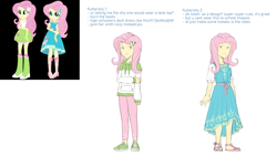 Size: 1280x720 | Tagged: safe, artist:evelili, part of a set, screencap, fluttershy, human, equestria girls, g4, blue dress, clothes, clothing redesign, dress, hoodie, pants, redesign, reference sheet, sandals, shoes, simple background, sneakers, text, white background